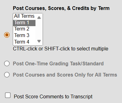 term selection for transcript post wizard.