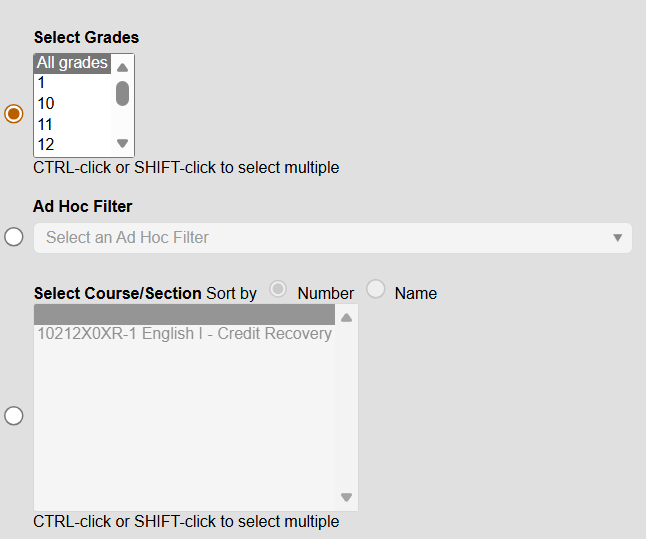 grade, ad hoc filter, or course/section selection for transcript post wizard