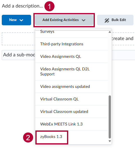 Indicates Add existing activities button and identifies Third Party Integration choice.
