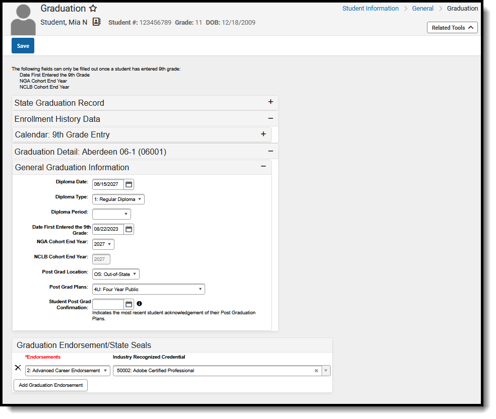 Screenshot of the student's Graduation record, located at Student Information, General. 