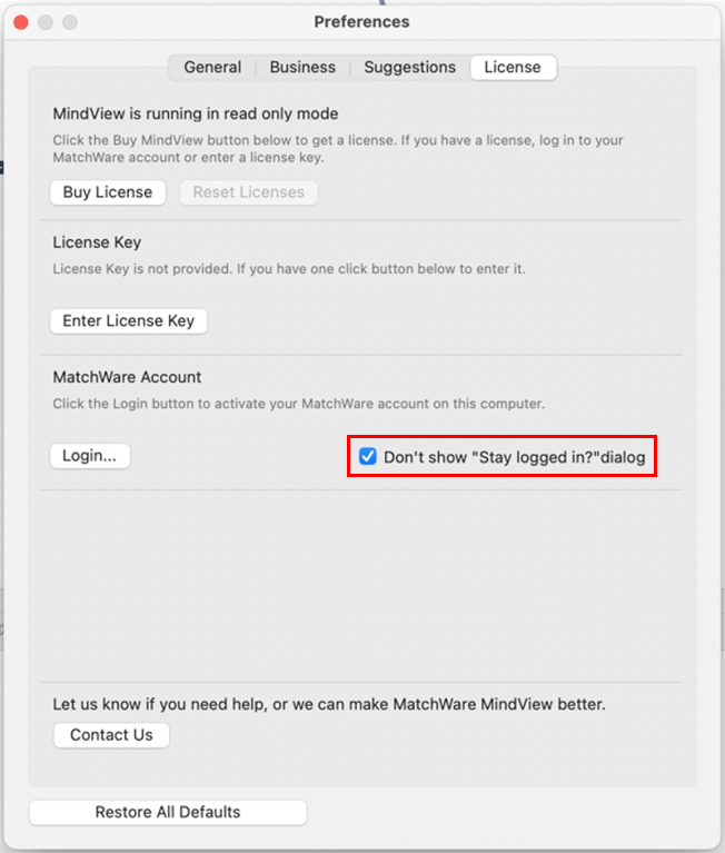 MindView Mac settings showing the option to allo Stay Logged In dialogue box to be opened