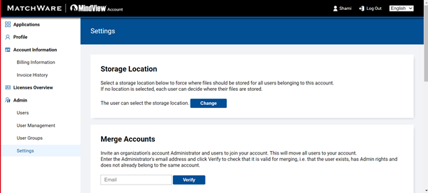 MindView settings showing the Admin>Settings in online portal MindView settings showing the Admin>Settings in online portal