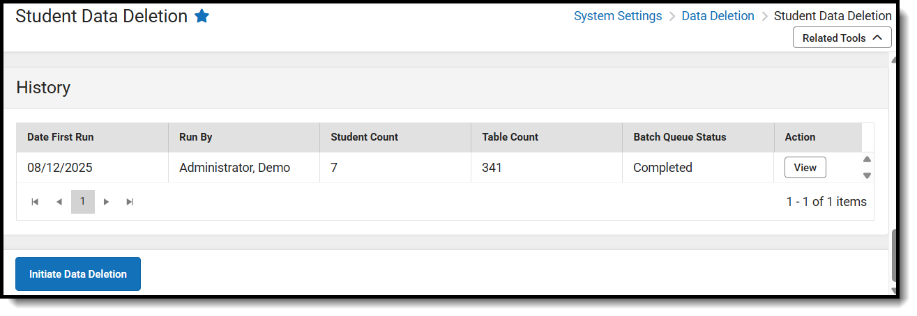 Screenshot of the Student Data Deletion tool, located at System Settings, Data Deletion