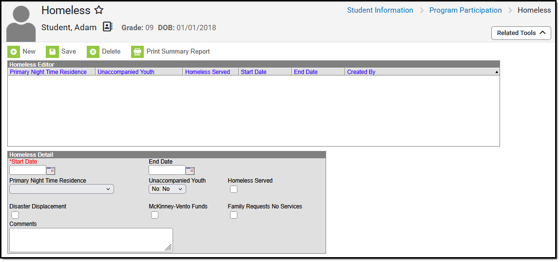 Screenshot of the North Dakota Homeless detail editor.