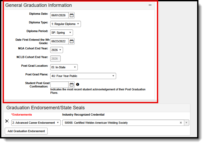 Screenshot of the General Graduation Information editor. 