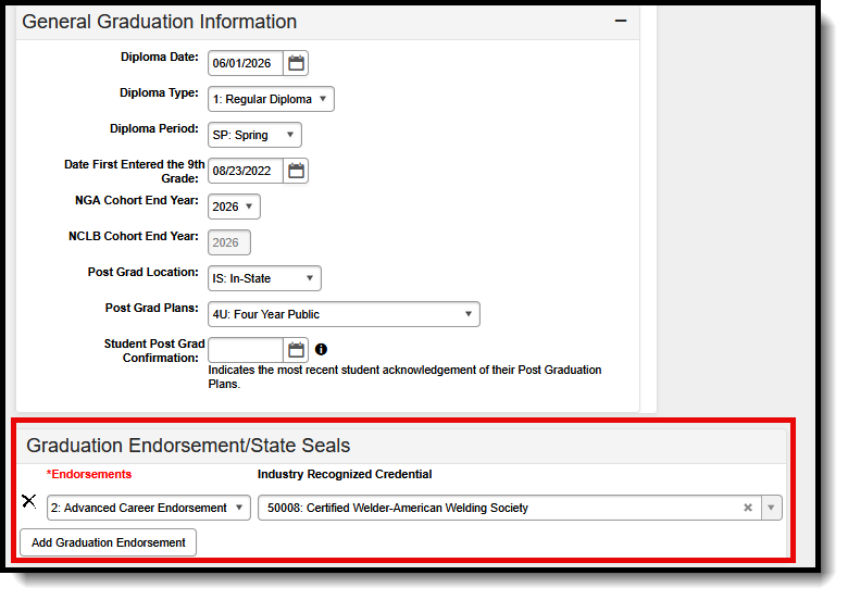 Screenshot of the Graduation Endorsements and State Seals editor. 