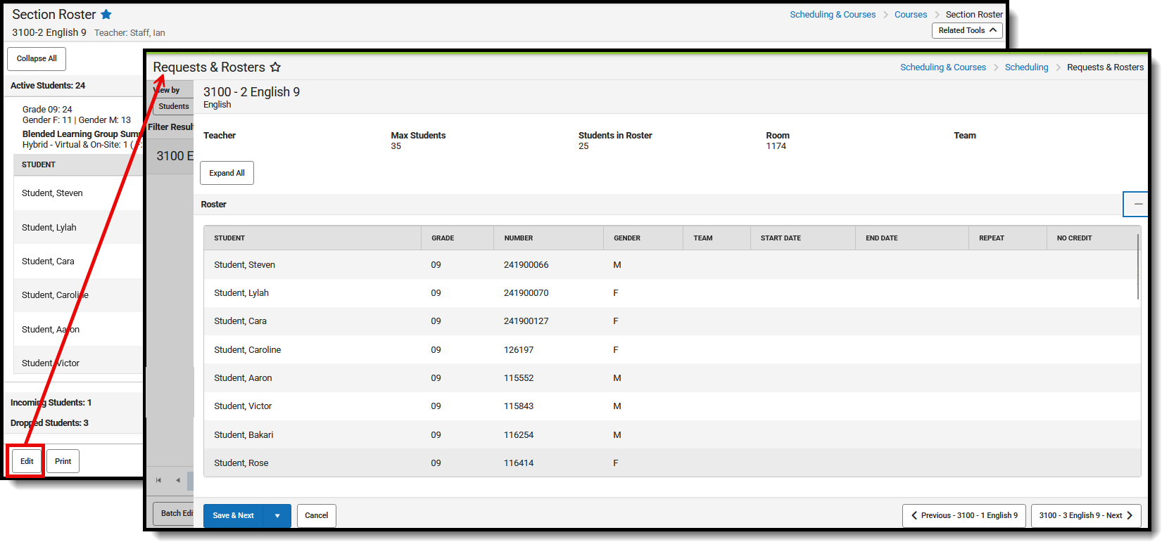 Screenshot of the Requests & Rosters tool, accessed via the Edit button on Section Rosters. 