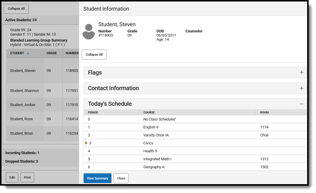 Screenshot of the Student Information Side Panel, accessed by clicking View. 