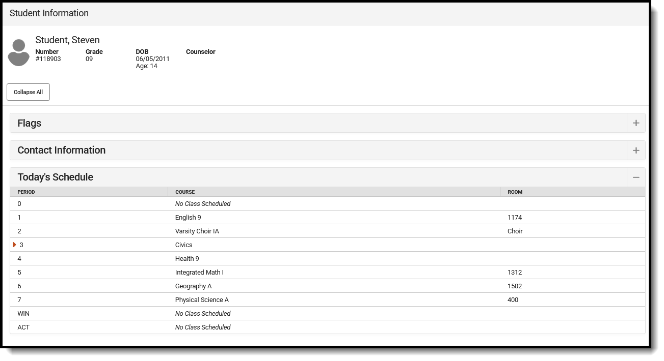Screenshot of the Side Panel showing the student's schedule for the day. 
