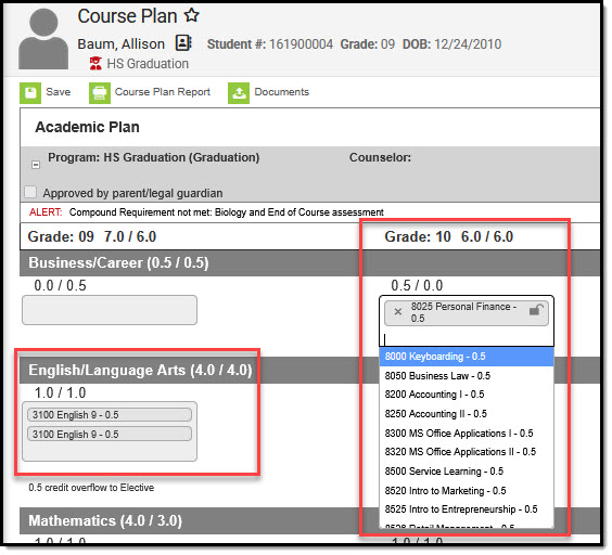 Screenshot of course plan showing current year 9th grade courses ad not editable, and future grade 10 courses being added.