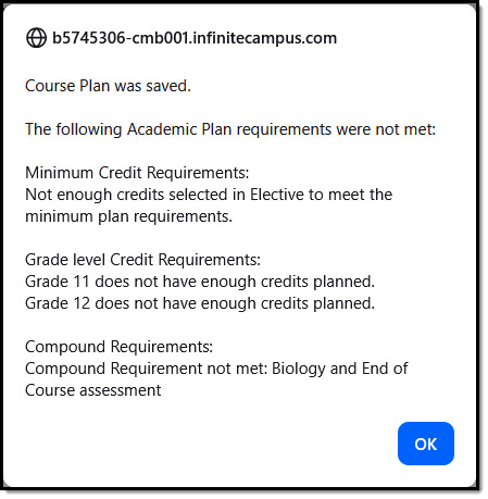 Screenshot of example of an alert that displays when course plan is saved.