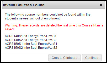 Screen capture of invalid course alert.