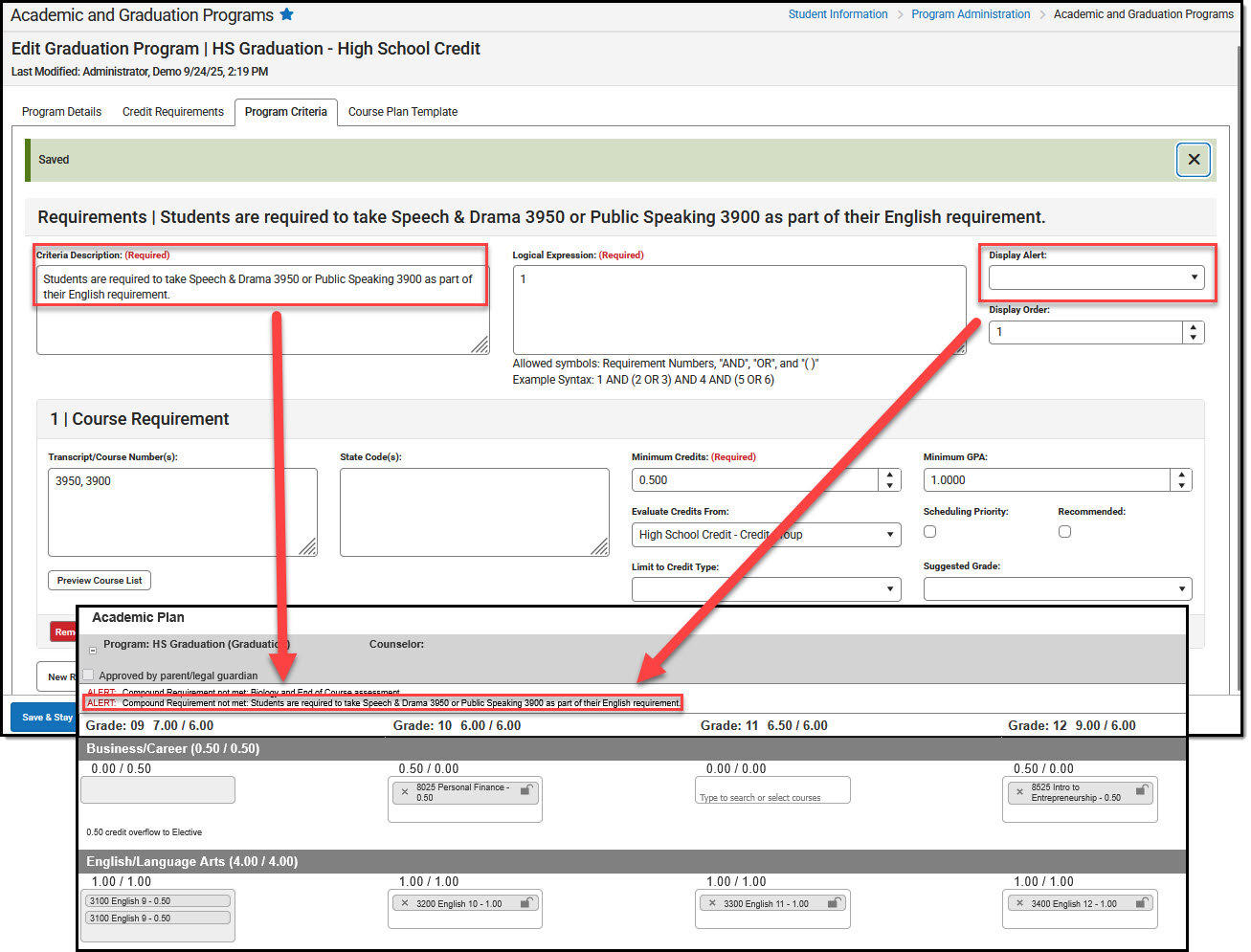 Screenshot showing an alert displaying at the top of a student's course plan.