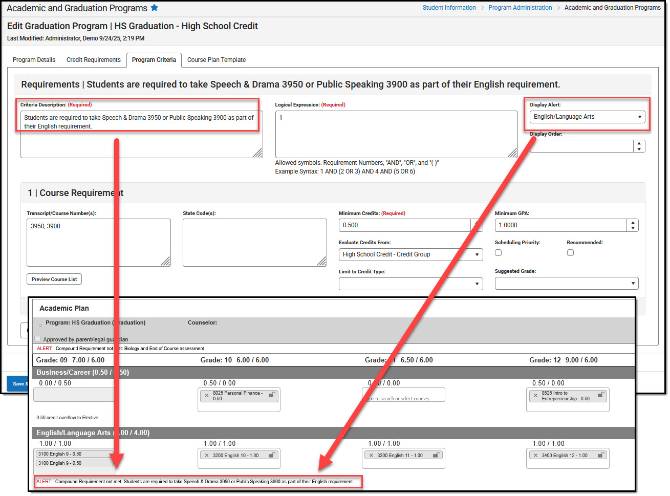 Screenshot showing an alert appearing under Credit Type in a student's Course Plan.