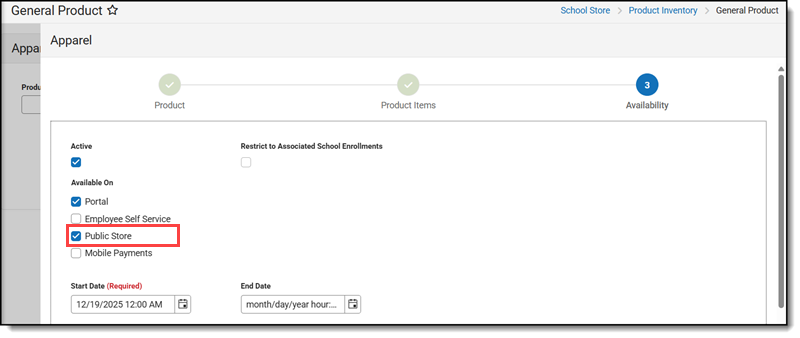 screenshot of public store checkbox in general product