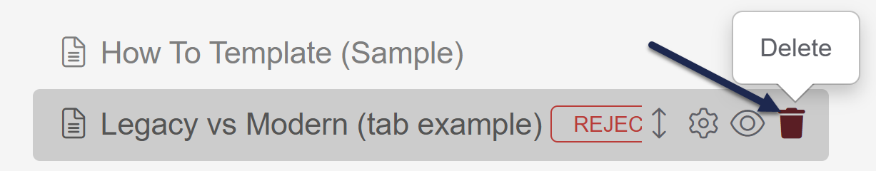 Screenshot showing an article list. An article is highlighted. There is a delete icon visible.