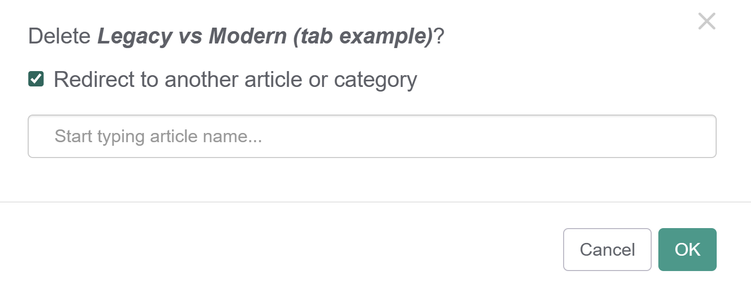 Screenshot of the article deletion prompt, with the redirect to another article option checked.