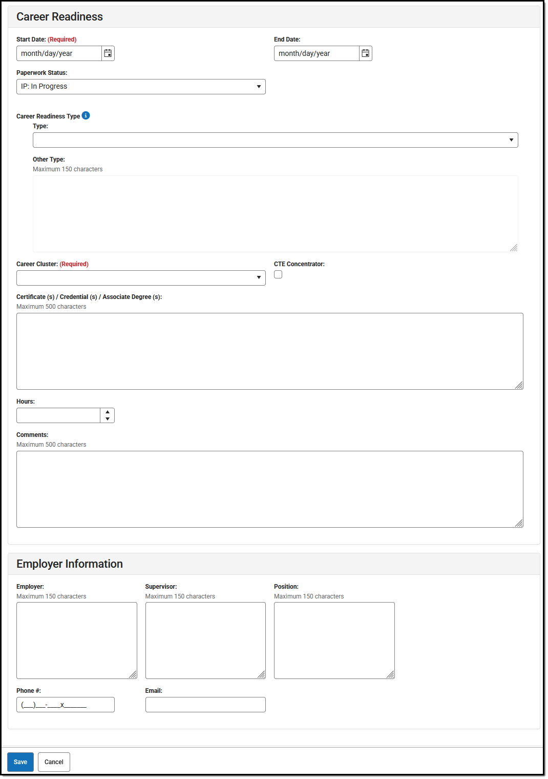 Screen shot of the Program Information section of a Career Readiness record detailing dates, type of program, credentials earned and time spent.