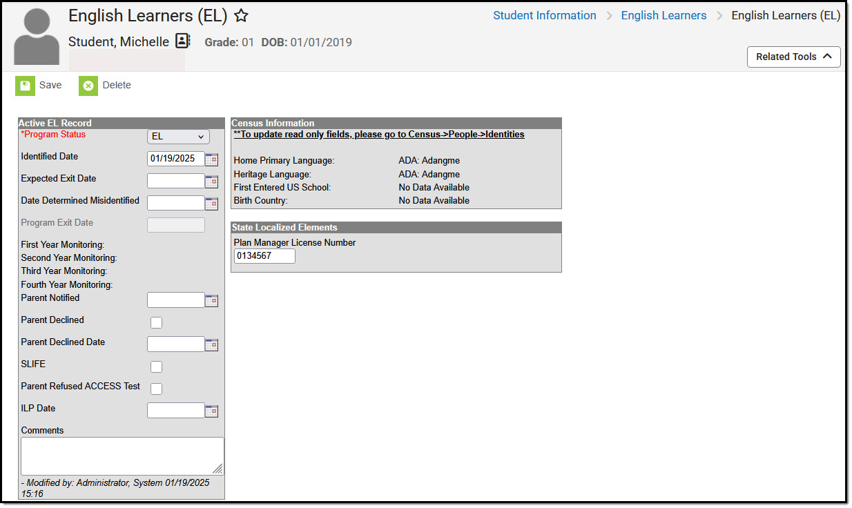 Screenshot of the North Dakota English Learners Tool Editor