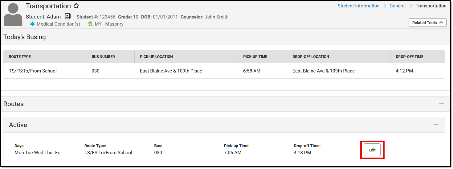 Screenshot of the transportation Edit button.