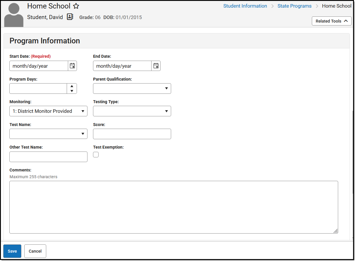 Screenshot of the North dakota Home School Program Information Editor