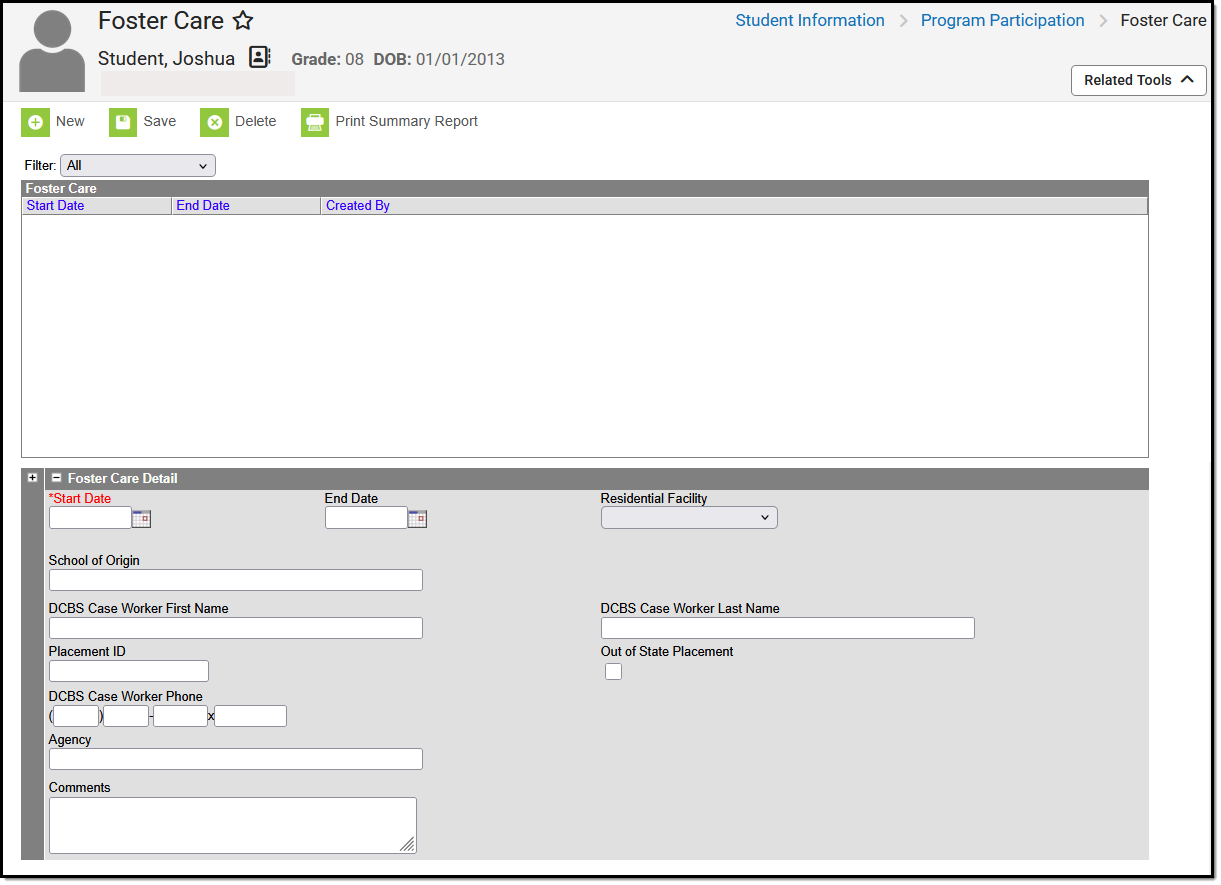 Screenshot of the Foster Care record, located at Student Information, Program Participaation