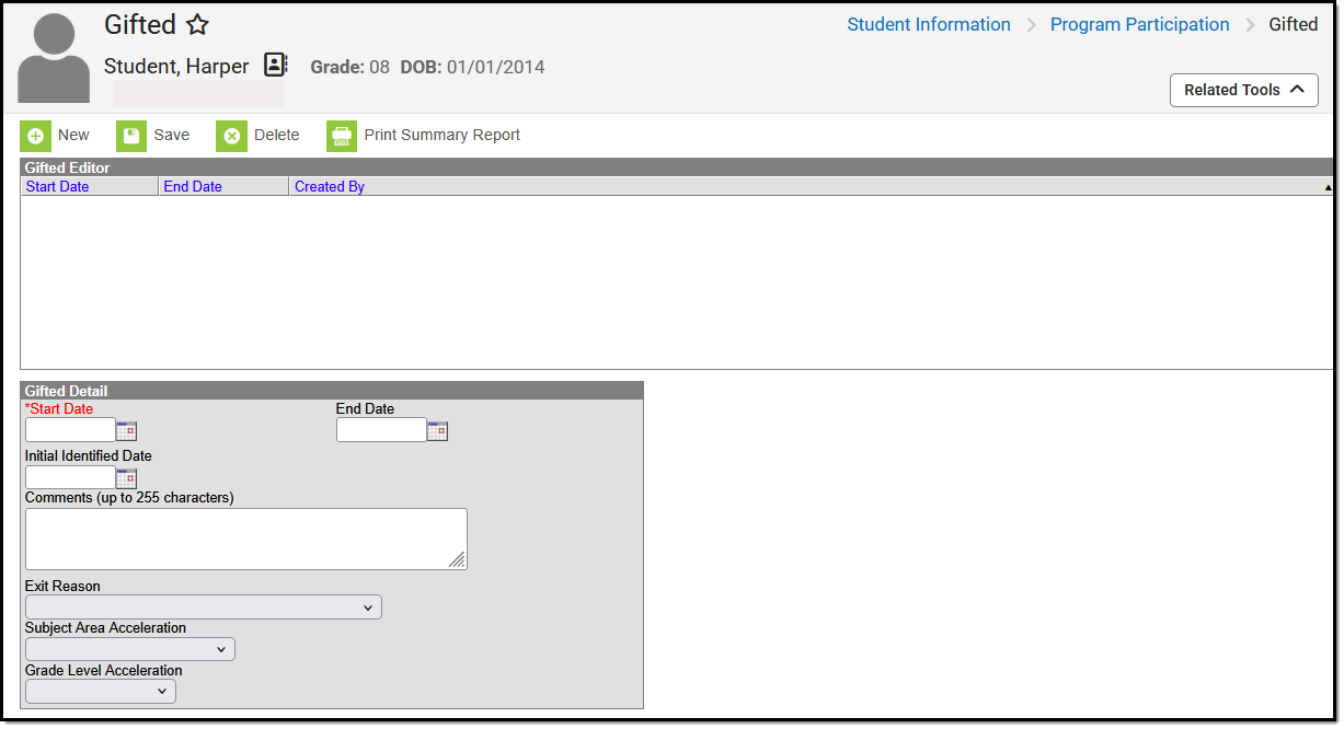 Screenshot of the North Dakota Gifted tool editor.