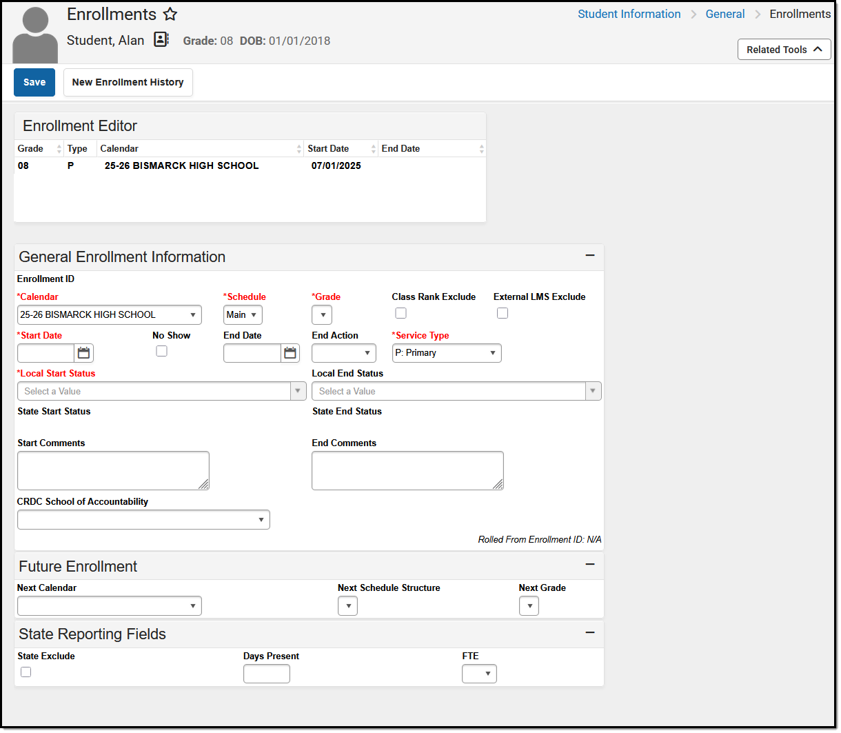 Screenshot of the North Dakota enrollments tool.