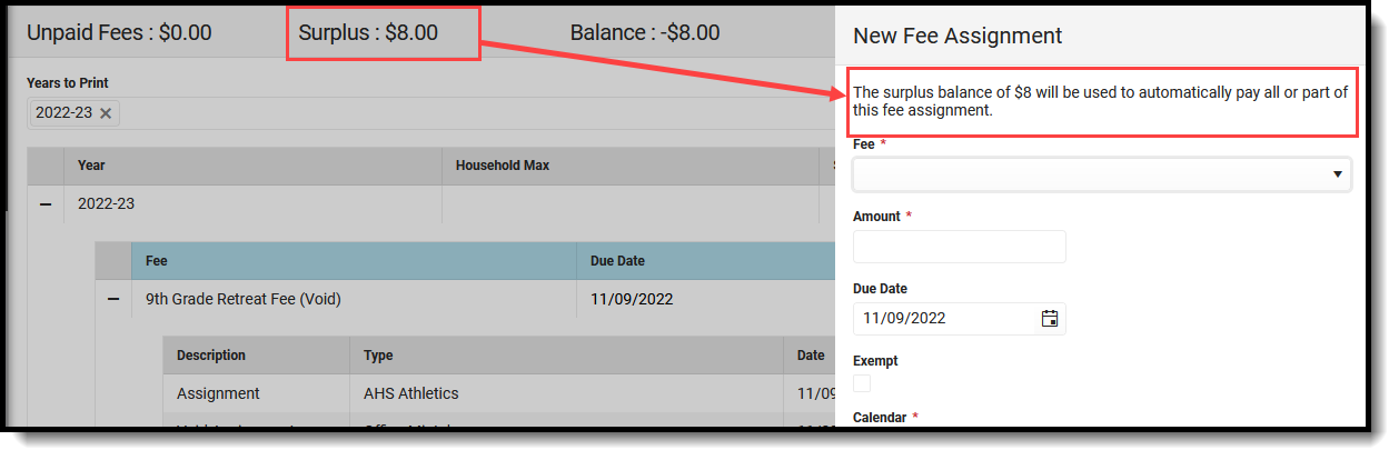 Screenshot of the Fees Surplus display