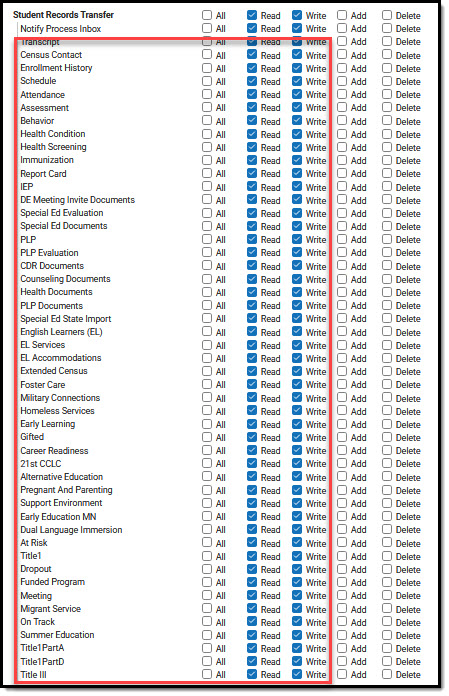 Screenshot of Student Records Transfer tool rights.