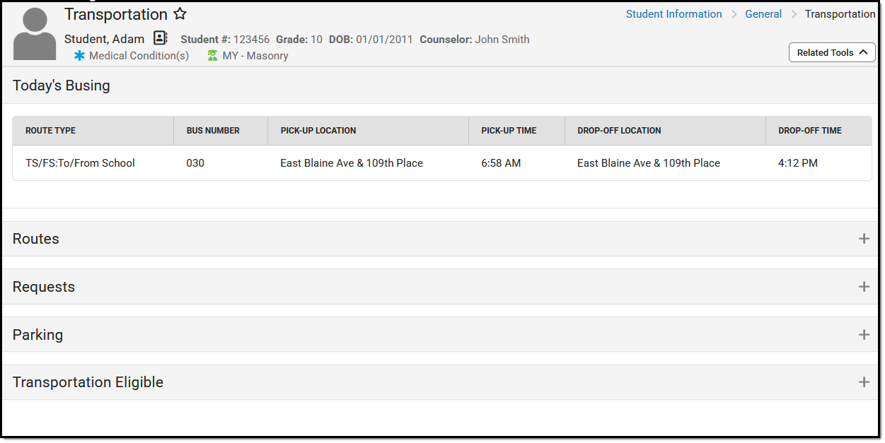 Screenshot of Transportation tool filled out for a student in Student Information General.