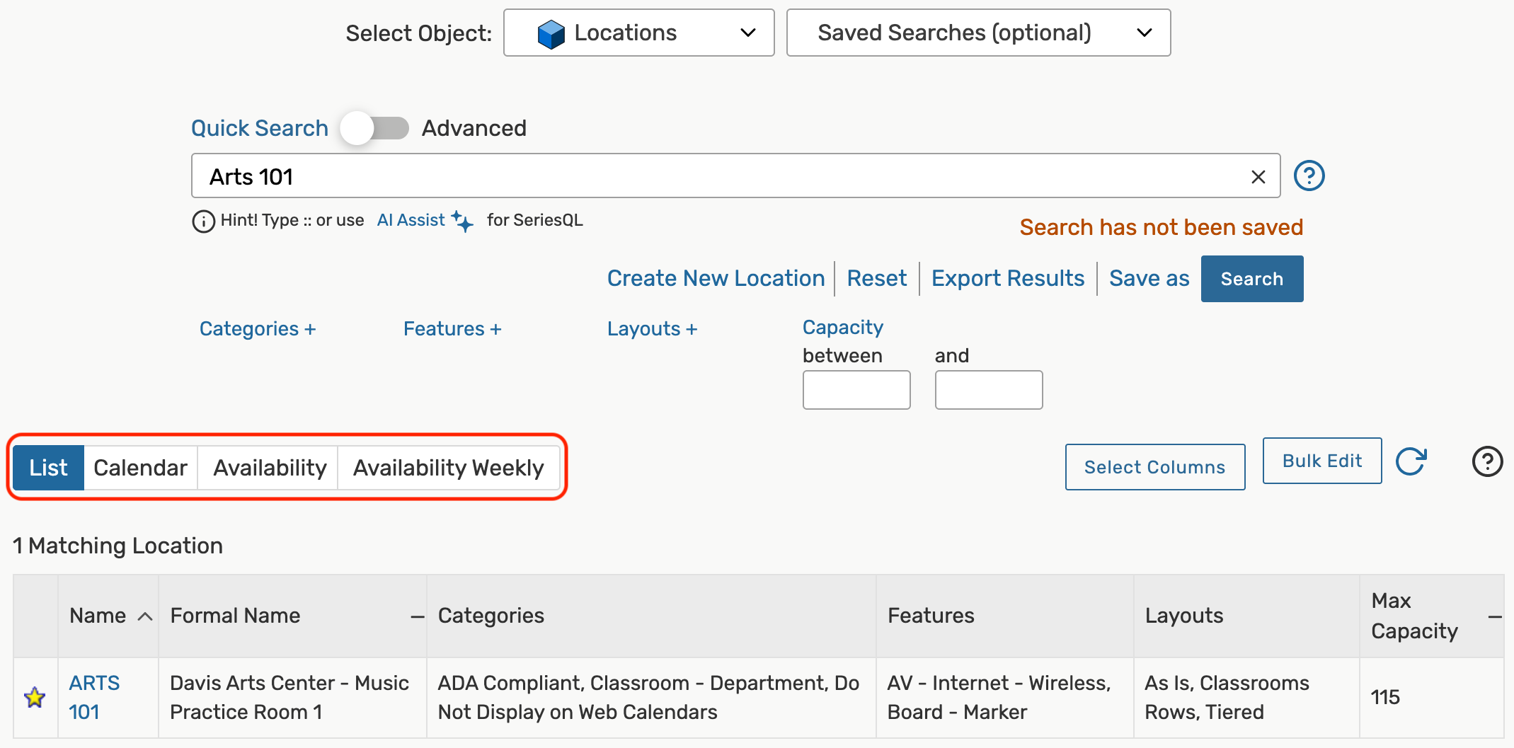Example of List, Calendar, Availability, and Availability Weekly views on a location search page.