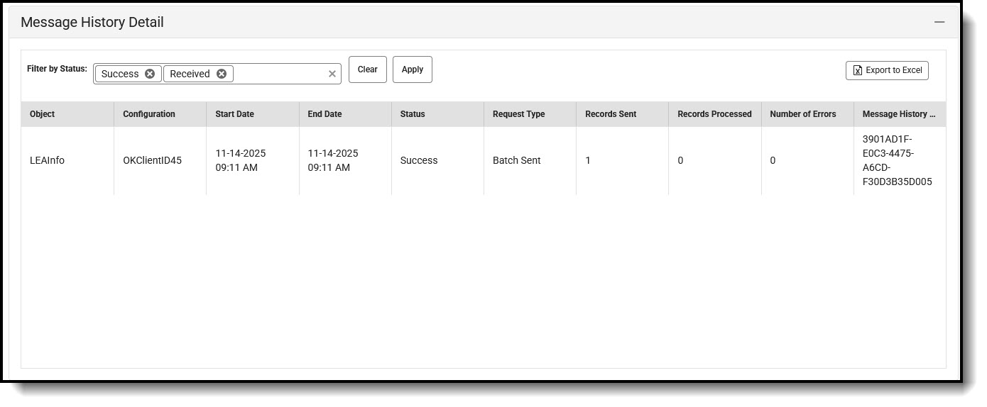 Screenshot of the SIF Message History Report.