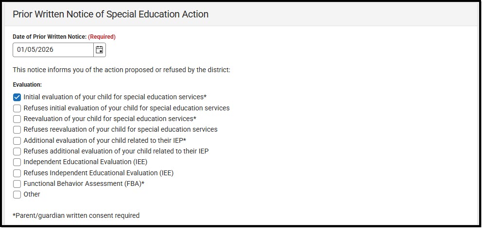 Screenshot of the IEP Prior Written Notice Detail Screen.
