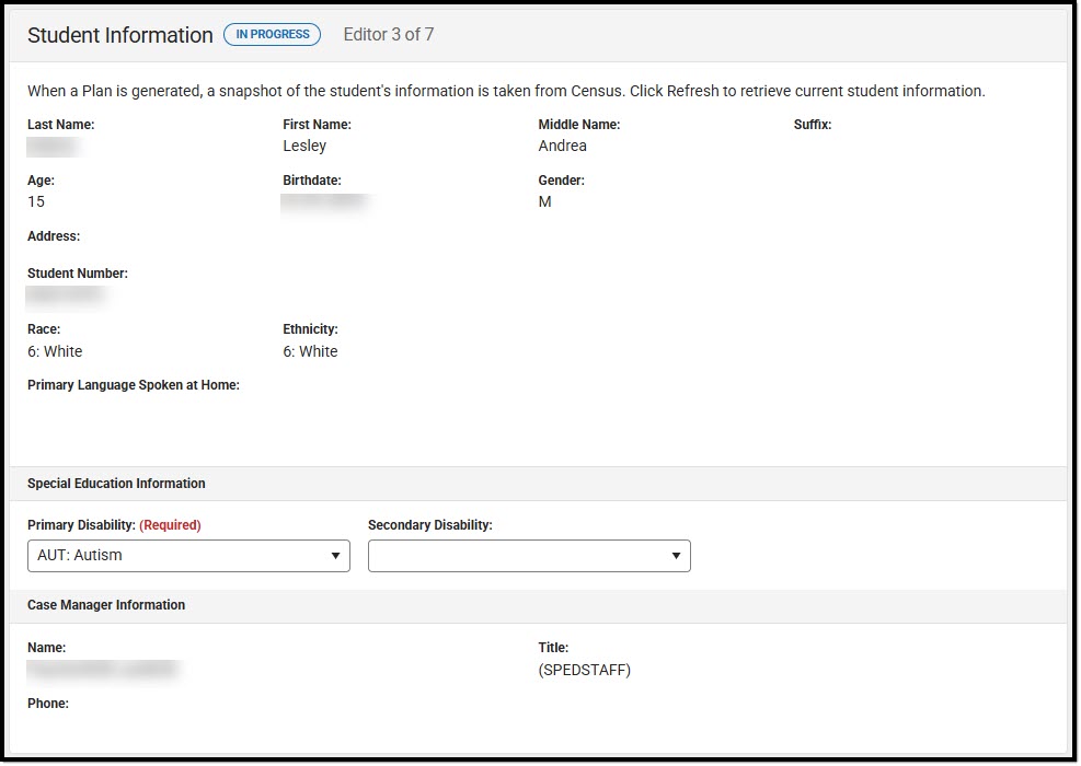 Screenshot of the Student Information Editor.