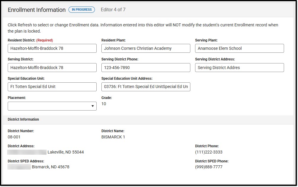 Screenshot of the Enrollment Information Editor.