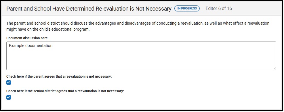 Screenshot of the Parent and School Have Determined Re-evaluation is Not Necessary Editor.