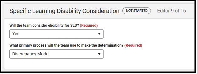 Screenshot of the Specific Learning Disability Consideration Editor.
