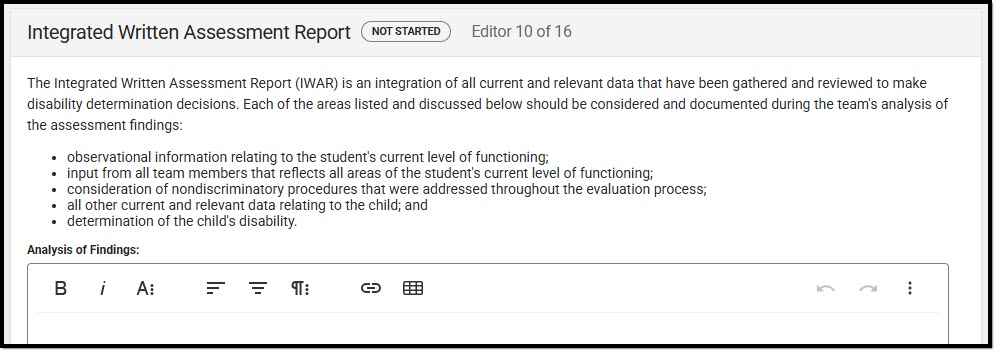 Screenshot of the Integrated Written Assessment Report Editor.
