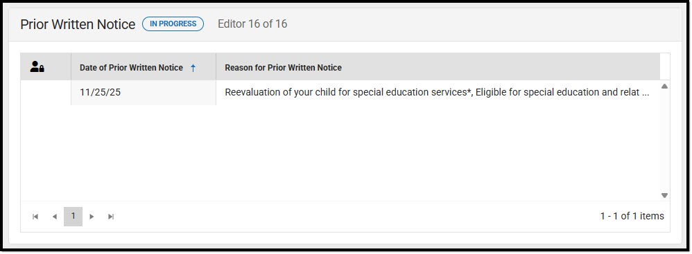 Screenshot of the Prior Written Notice List Screen.