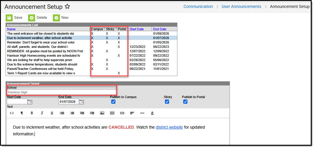 screenshot of the announcement setup tool
