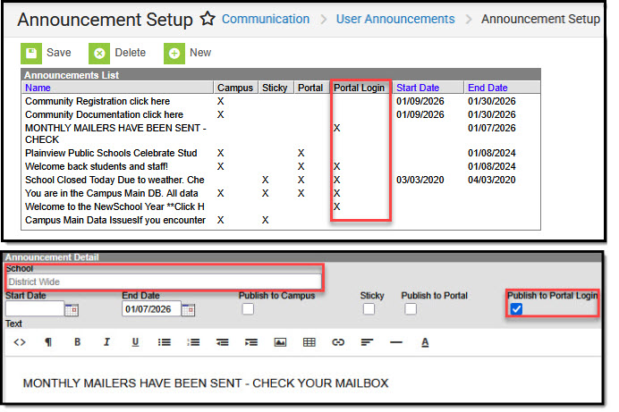 Screenshot of Announcement Setup tool, District Wide message, with Publish to Portal Login selected.