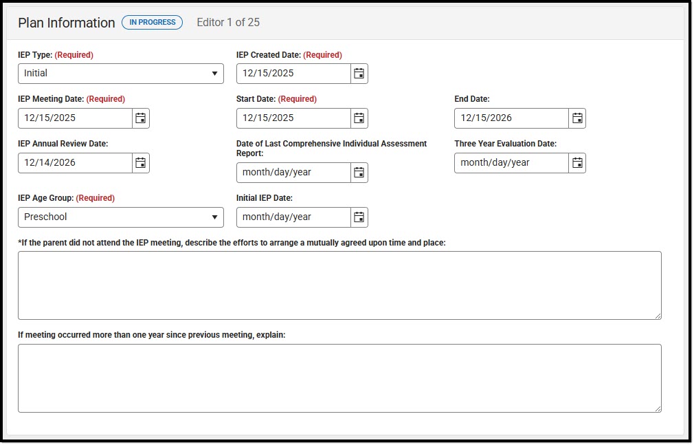 Screenshot of the Plan Information Editor.