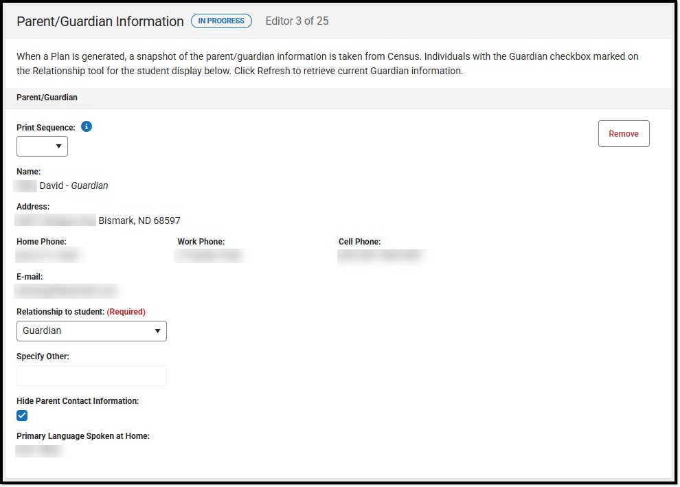 Screenshot of the Parent/Guardian Information Editor.