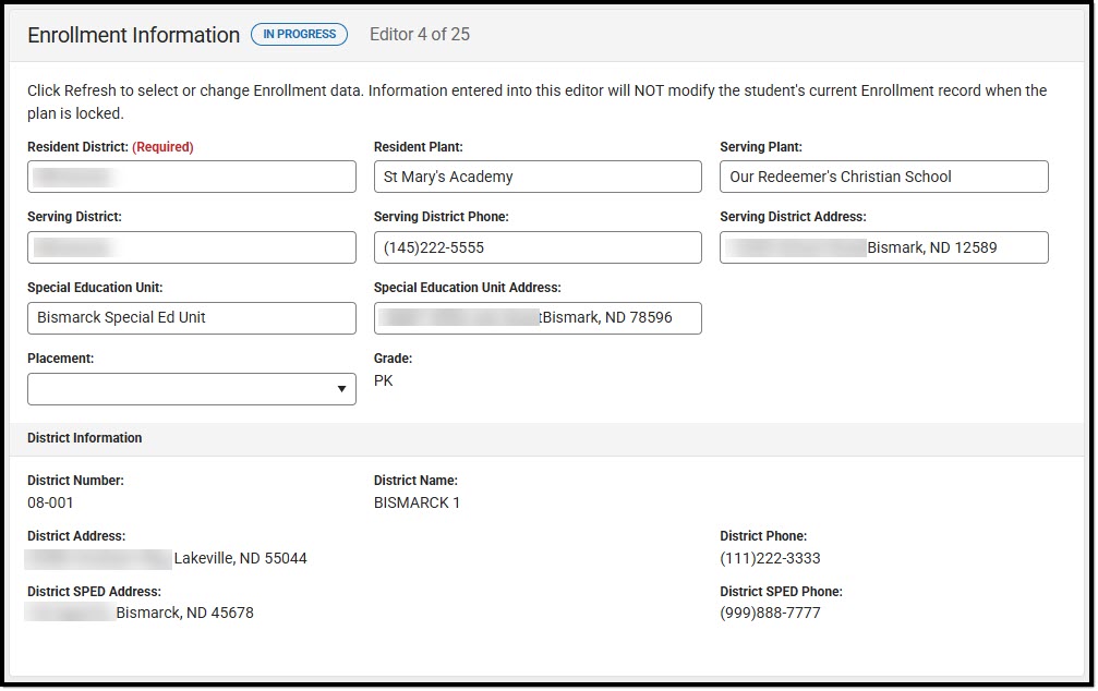 Screenshot of the Enrollment Information Editor.