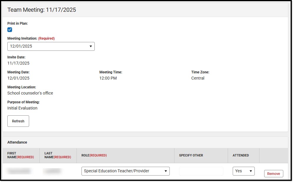 Screenshot of the Meeting Attendance Detail Screen.
