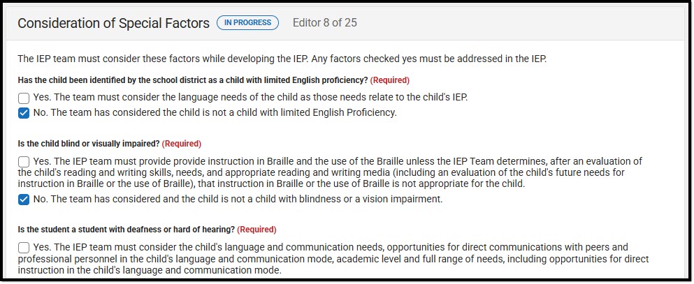 Screenshot of the Consideration of Special Factors Editor.