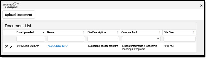 Screenshot of document being uploaded to a student's Programs.