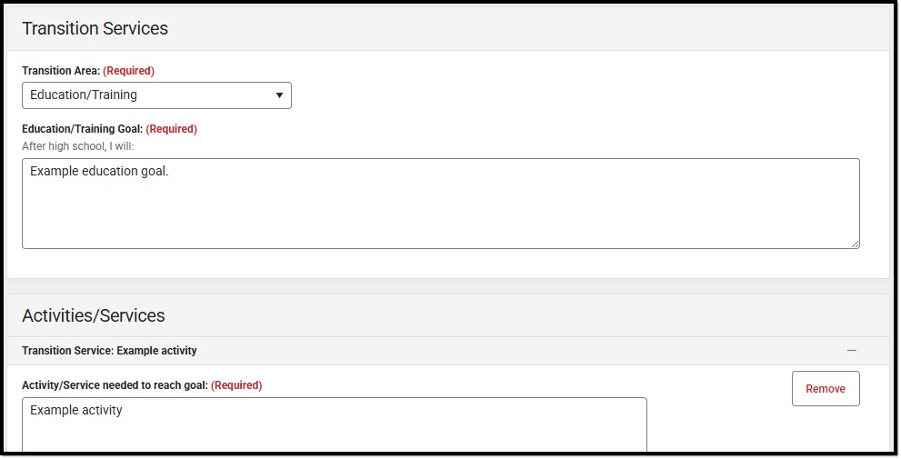 Screenshot of the Transition Services Detail Screen.