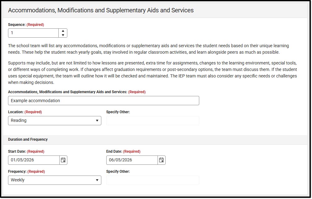 Screenshot of the Accommodations, Modifications and Supplementary Aids and Services Detail Screen.